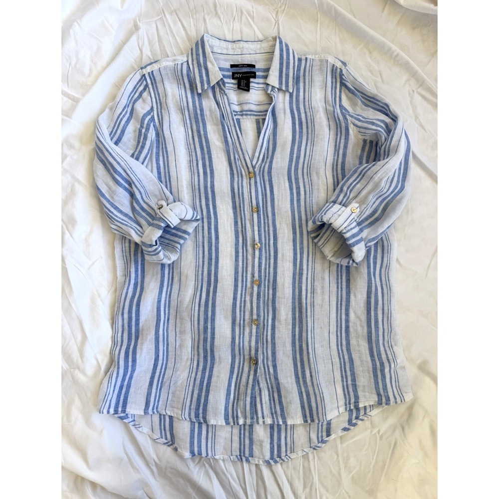 JNY Jones New York Blue White Stripe Linen Collar Preppy Nautical Shirt Women S